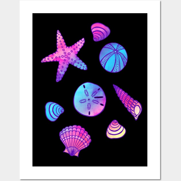 Beach Treasures - Seashells Bright Gradient on Dark Wall Art by Olooriel